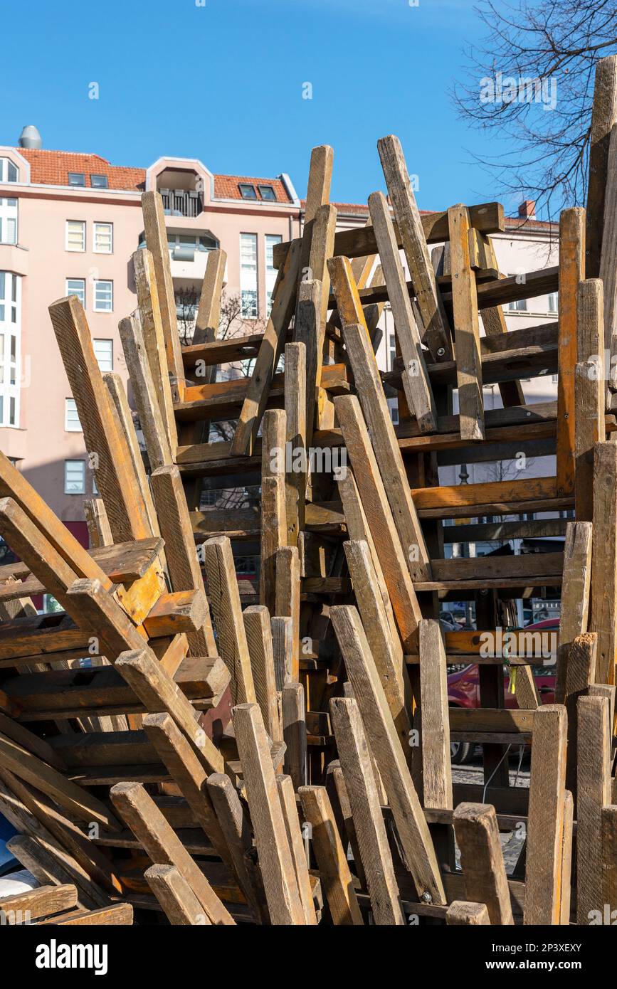 Stack Of Wooden Stands At A Market Stall, Berlin, Germany Stock Photo