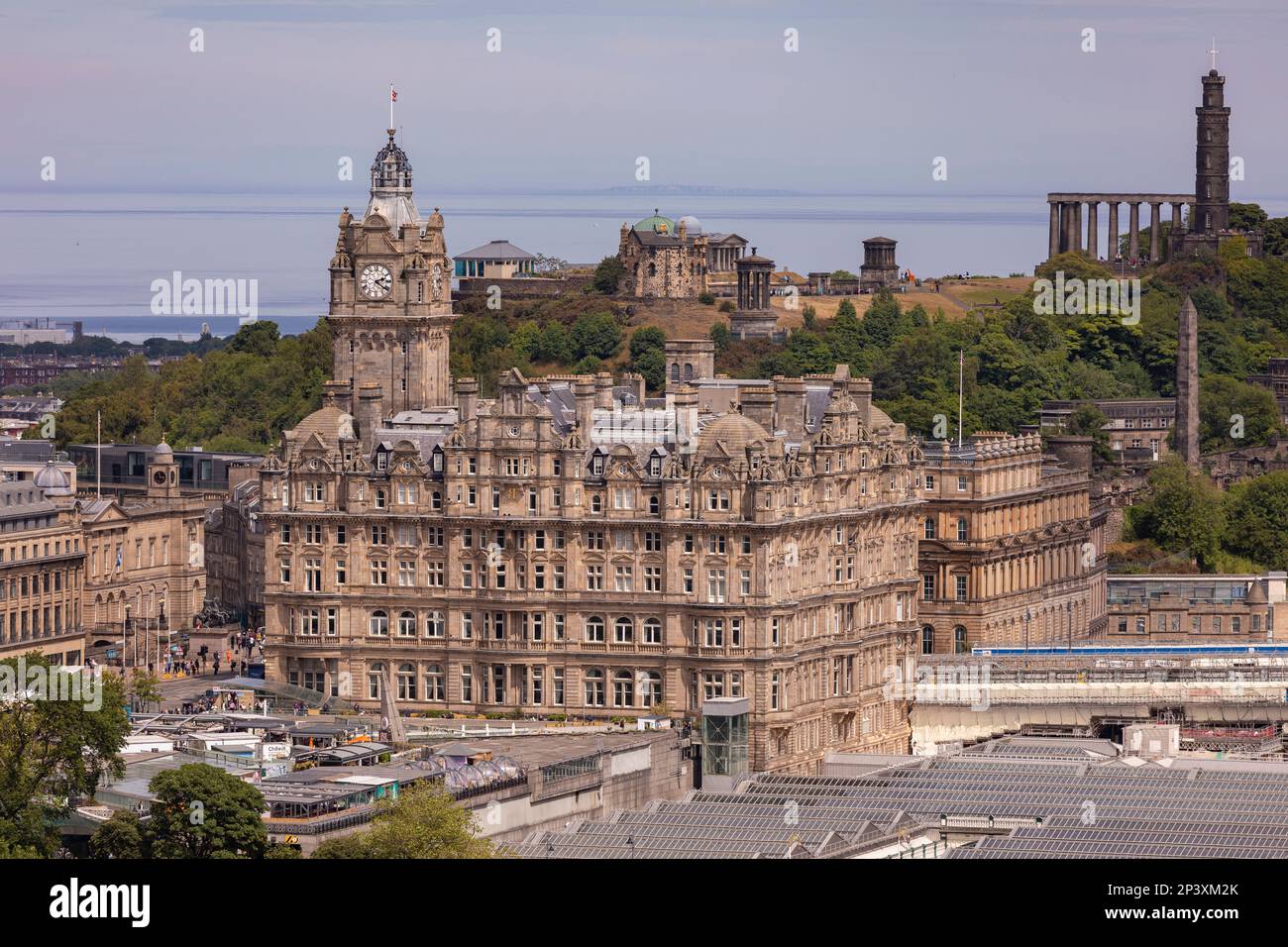 EDINBURGH, SCOTLAND, EUROPE - Balmoral Hotel, center, and Nelson Monument, upper right. Stock Photo