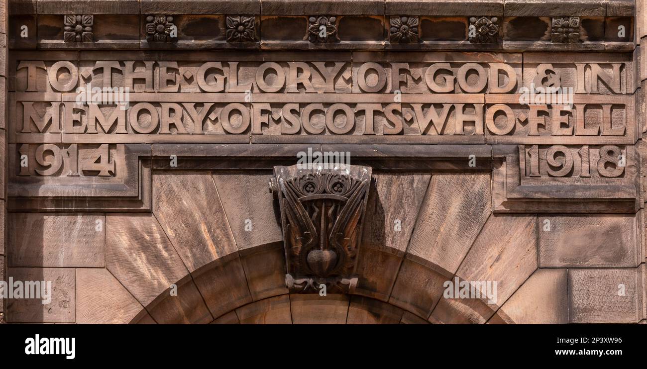 EDINBURGH, SCOTLAND, EUROPE - Inscription over door to Scottish National War Memorial building exterior, Edinburgh Castle. Stock Photo