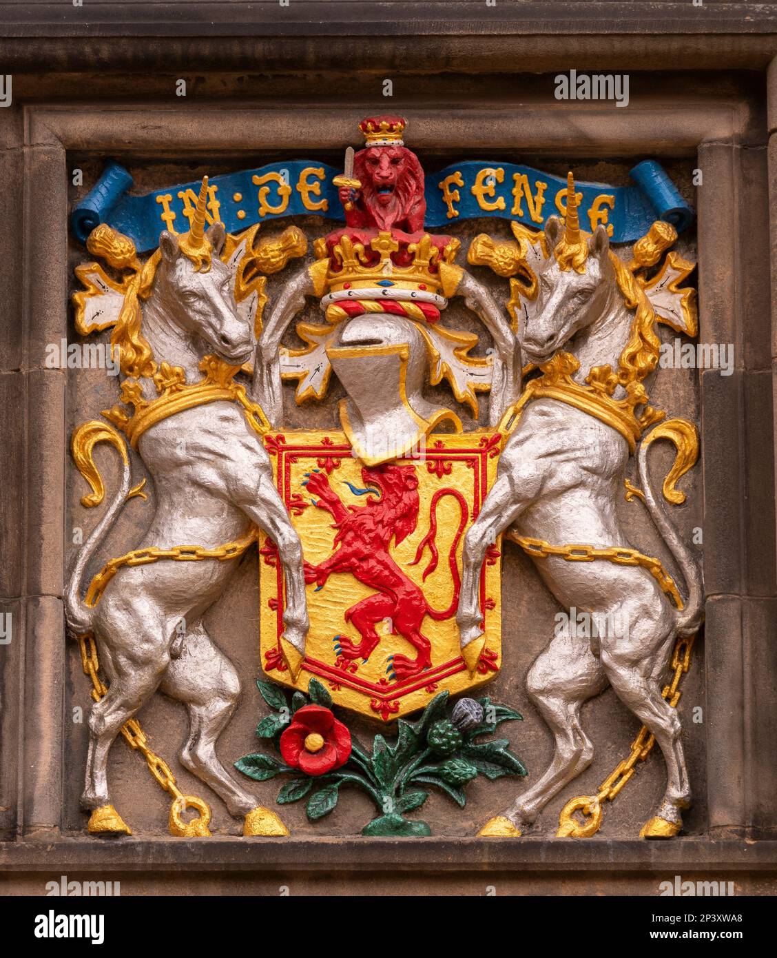 EDINBURGH, SCOTLAND, EUROPE - Coat of arms heraldry on exterior of Great Hall building, Edinburgh Castle. Stock Photo