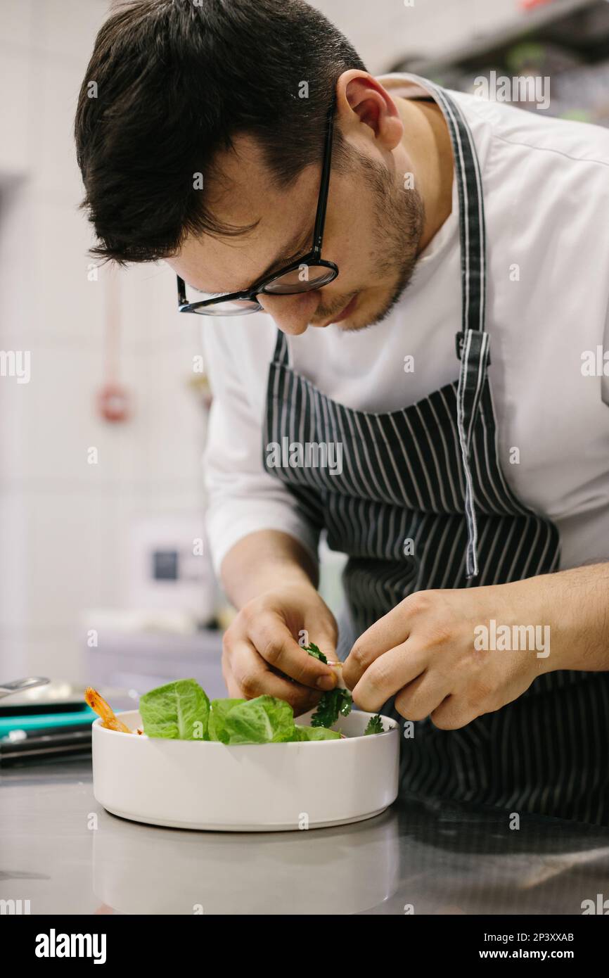 Cropped view of chef preparing food, food, in kitchen, chef preparing food, chef decorating dish, close-up Stock Photo