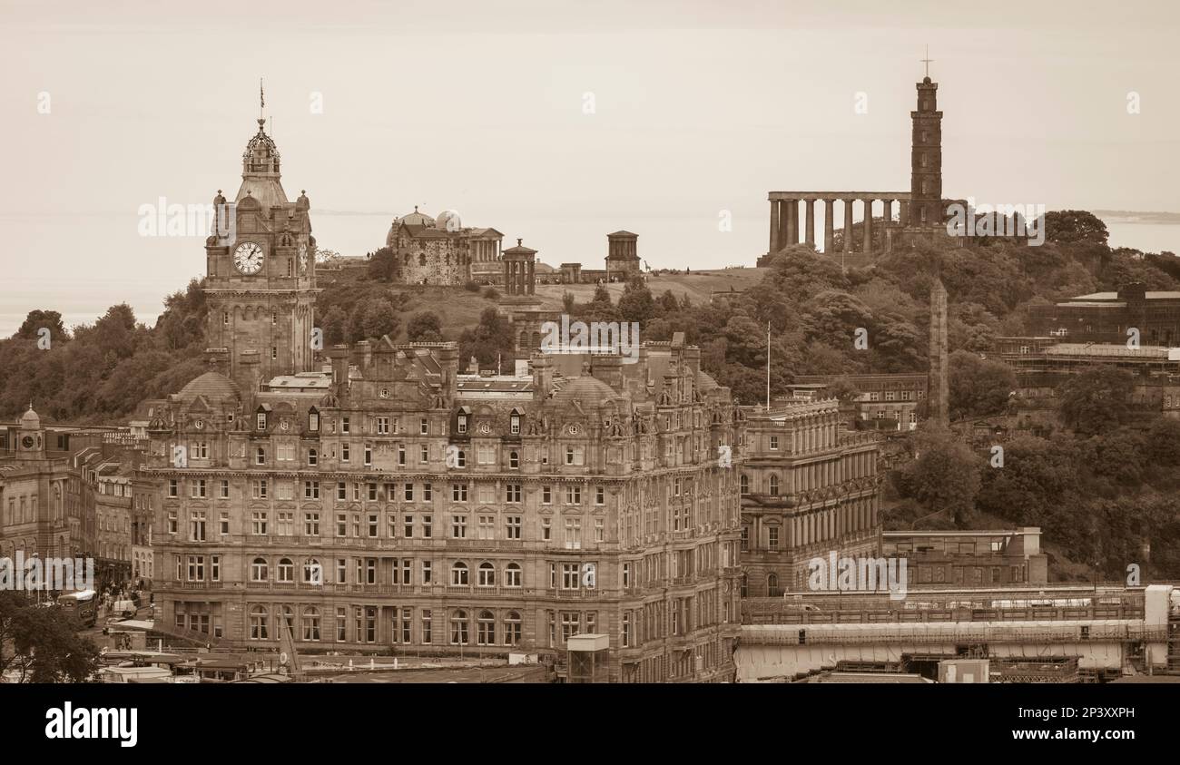 EDINBURGH, SCOTLAND, EUROPE - Balmoral Hotel, center, and Nelson Monument, upper right. Stock Photo