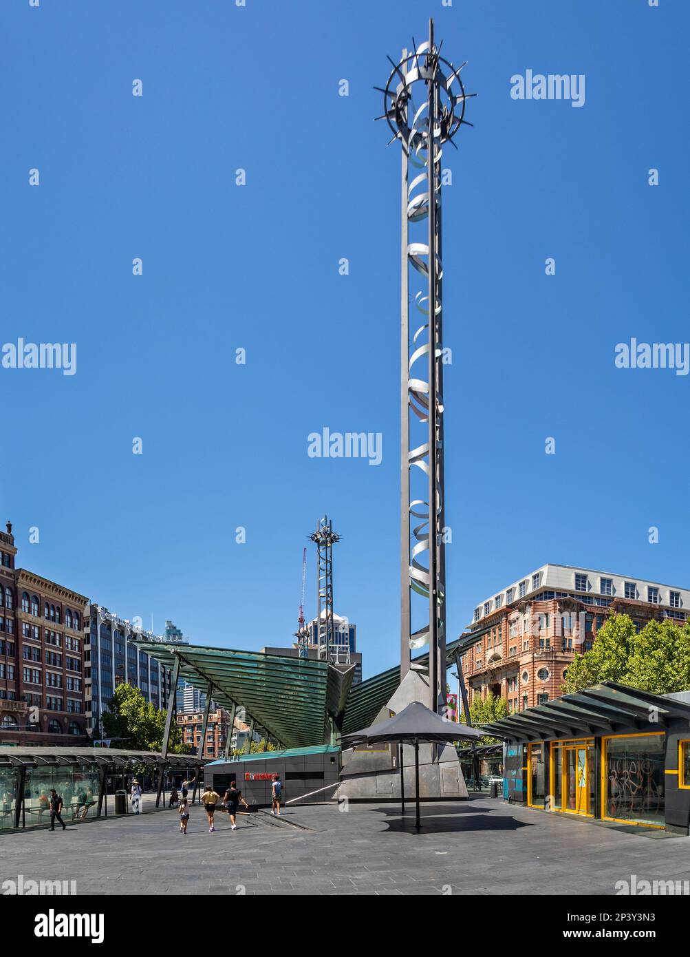 Modern metal Light Sculptures in Railway Square, central Sydney, Australia on 28 December 2022