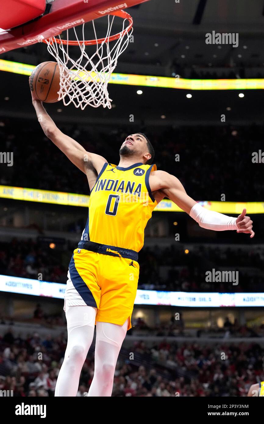Indiana Pacers' Tyrese Haliburton goes up for a dunk during the second half  of an NBA basketball game against the Sacramento Kings, Friday, Feb. 3,  2023, in Indianapolis. (AP Photo/Darron Cummings Stock