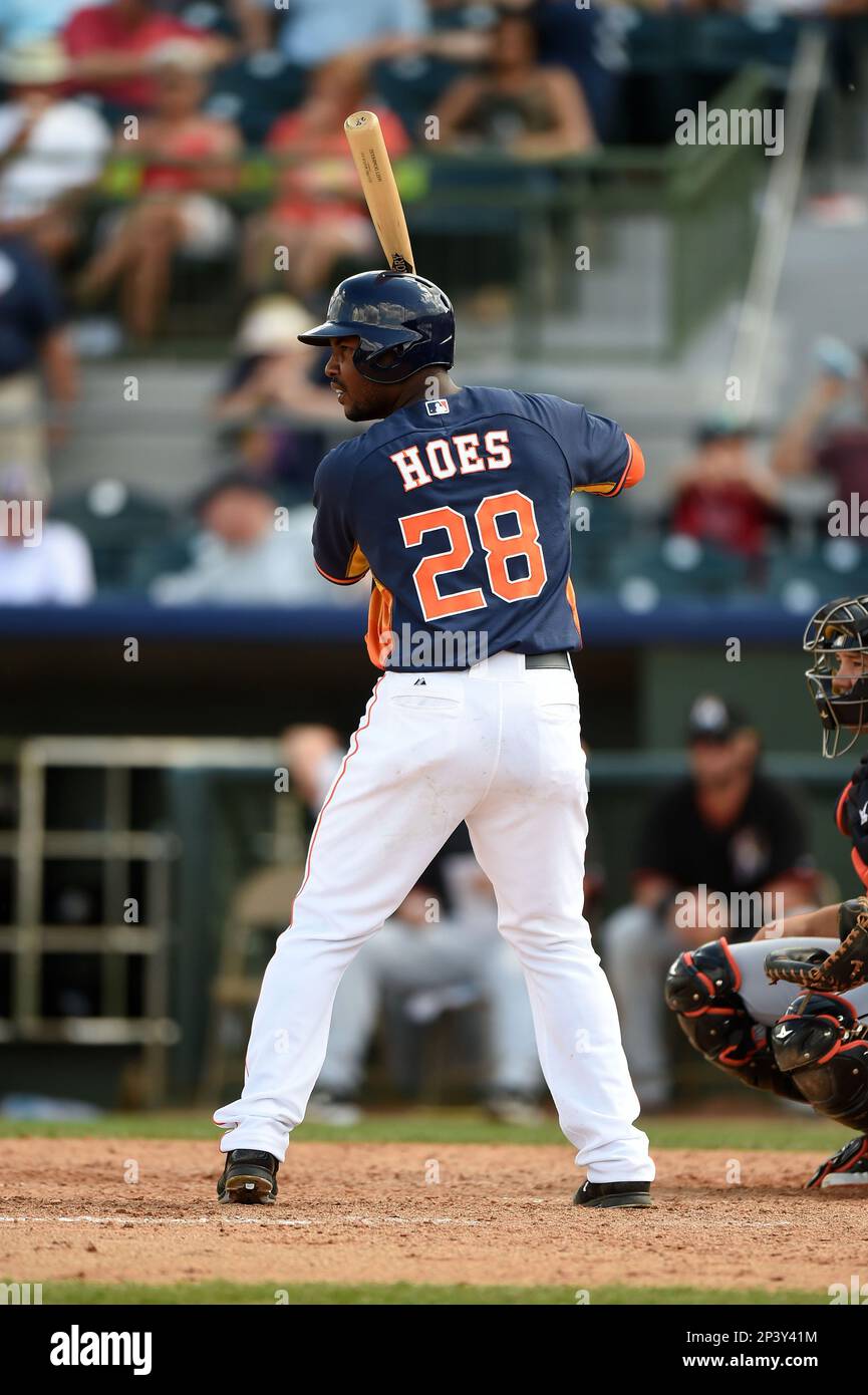 Houston Astros outfielder L.J. Hoes (28) during a spring training game  against the Miami Marlins on March 21, 2014 at Osceola County Stadium in  Kissimmee, Florida. Miami defeated Houston 7-2. (Mike Janes/Four