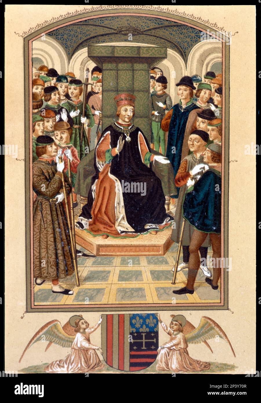 'The free of the fets and dits of the great King Alfonso', plate of a manuscript. Anecdotal biography of Alfonso V of Aragon, the Magnanimous. In a lively and witty style, Becadelli describes the scenes he has witnessed or heard about in court, offering a finished portrait of this Renaissance sovereign, good ruler, cultured, lover of arms and letters, witty and even biting , who, after conquering it, settled in the city of Naples. Stock Photo