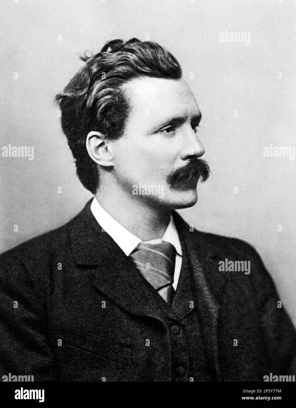 1890 ca. :the english novelist GEORGE GISSING ( 1857 - 1903  ) , friend of  the british science-fiction writer H G WELLS ( Herbert George , Bromley 1866 - London 1946 )  - H. G. - LETTERATO - LETTERATURA - LIRERATURE - sci-fiction - FANTASCIENZA - fanta-scienza - portrait - ritratto - profilo - profile - baffi - moustache - tie - cravatta - collar - colletto  ----  Archivio GBB Stock Photo
