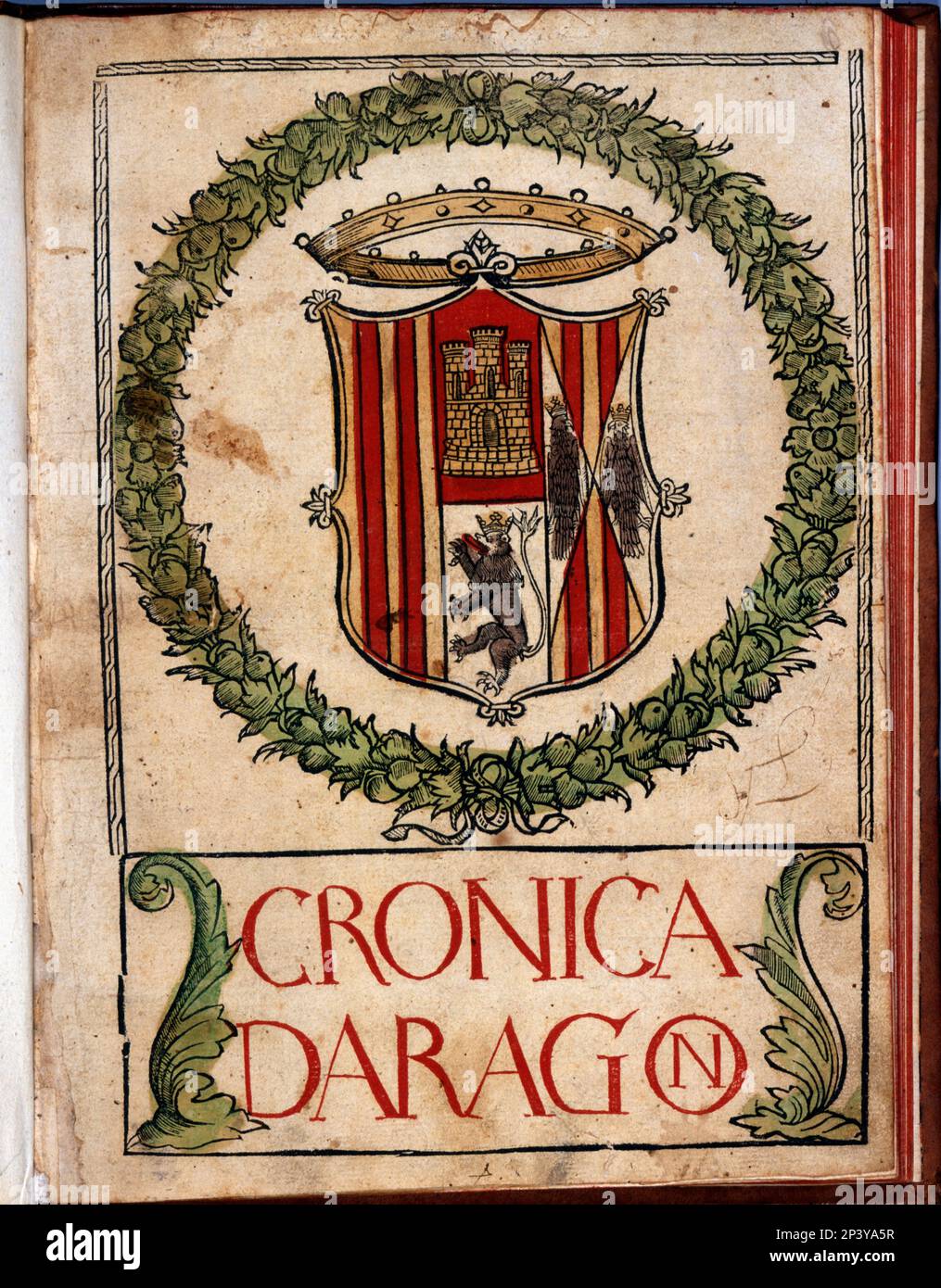 Xylographic color cover with a large coat of arms of Aragon from 'Cr&#xf3;nica de Arag&#xf3;n' (Chronicle of Aragon). First Castilian edition with Gothic lettering. Printed in Valencia by Juan Gofr&#xe9; in 1524. Stock Photo