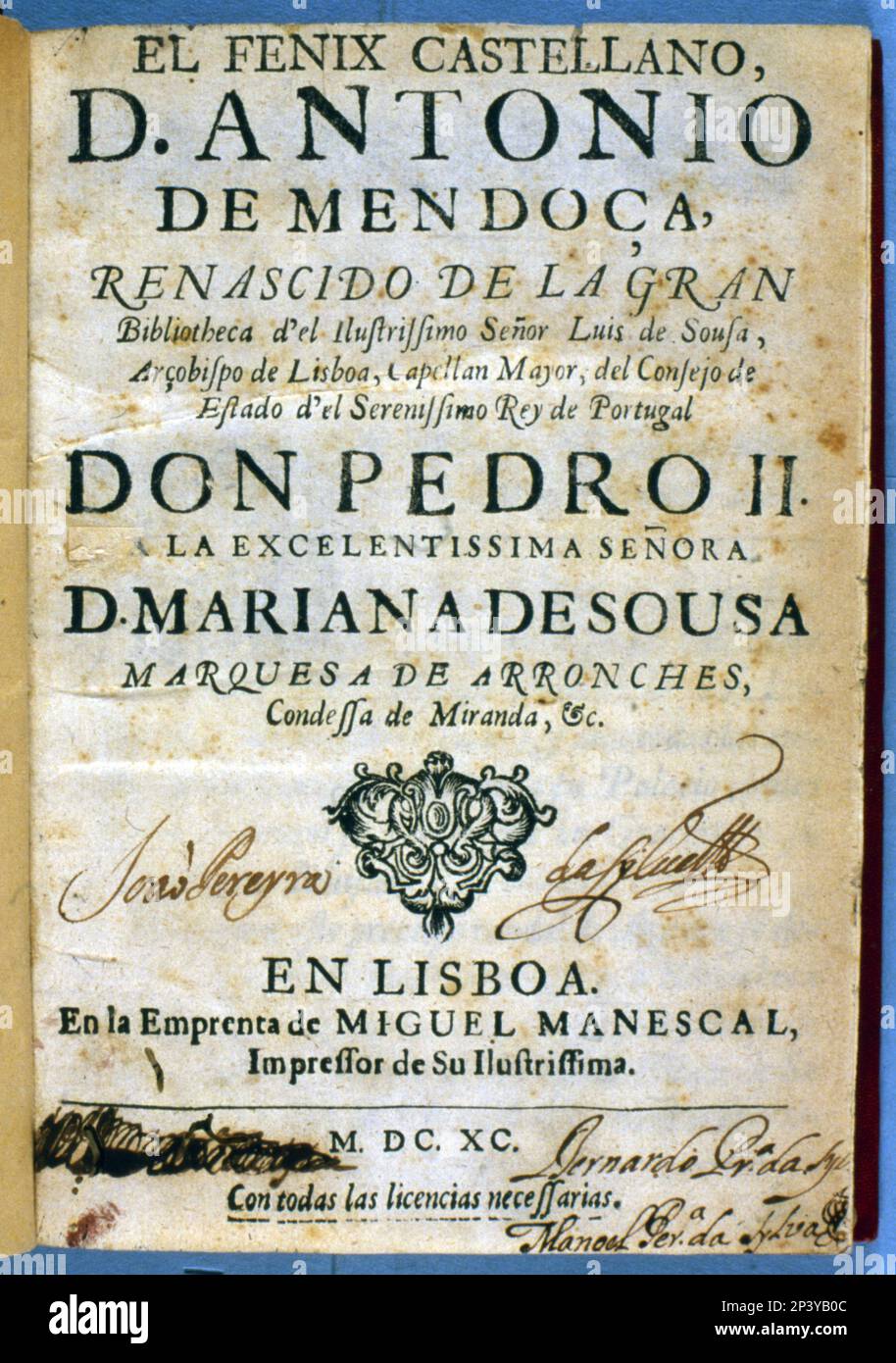 Cover of the work 'El fenix castellano' (The Castilian phoenix) by Antonio Hurtado de Mendoza. Printed in Lisbon by Miguel Manescal, 1690. Stock Photo