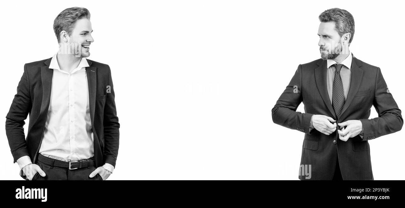 Man face portrait, banner with copy space. two businessmen in formal ...