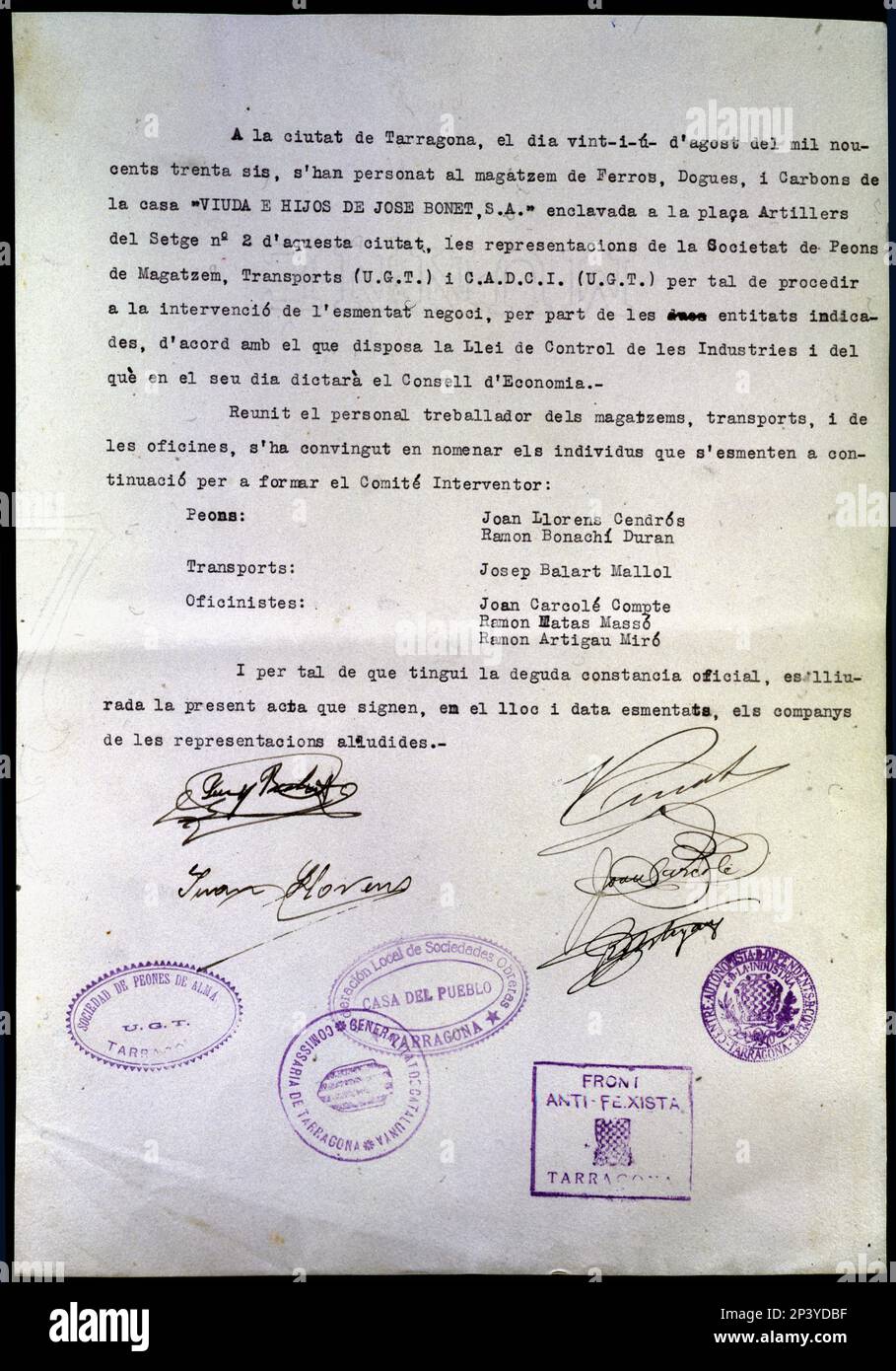 Spanish civil war, 1936-1939. Certificate of seizure of the Warehouse of Irons, Drugs and Coals' Vda. E Hijos de Jos&#xe9; Bonet, S.A.' of Tarragona by representatives of UGT. Stock Photo