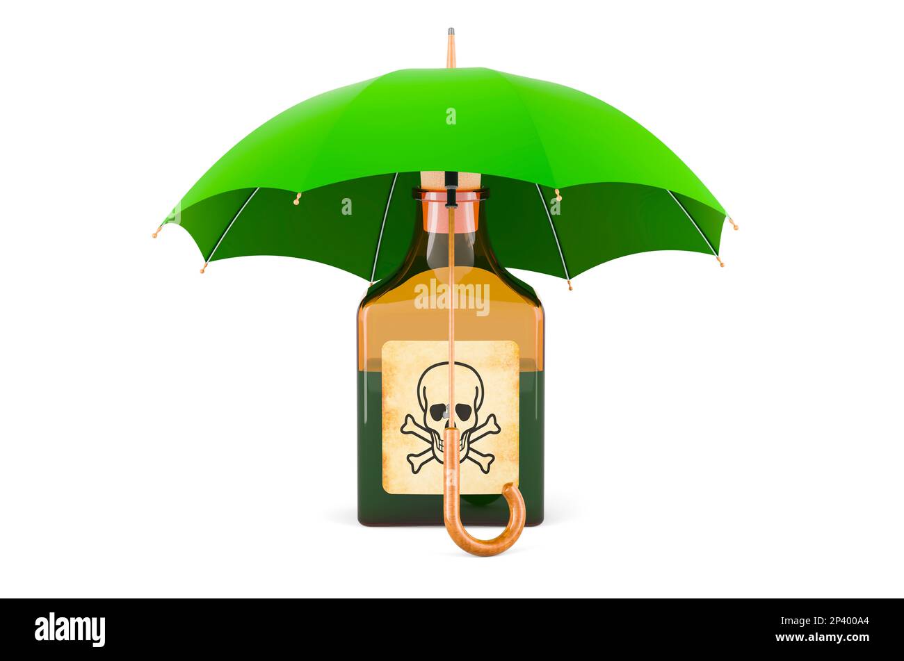 Poison bottle under umbrella, 3D rendering isolated on white background