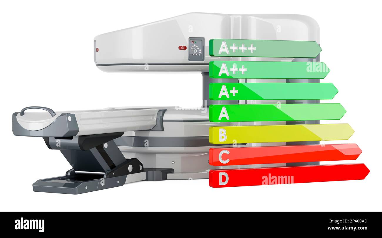Open MRI machine with energy efficiency chart, 3D rendering isolated on