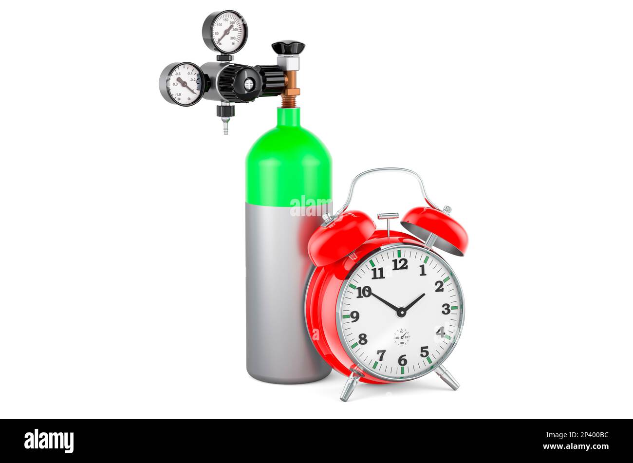 Oxygen tank, gas cylinder with alarm clock, 3D rendering isolated on