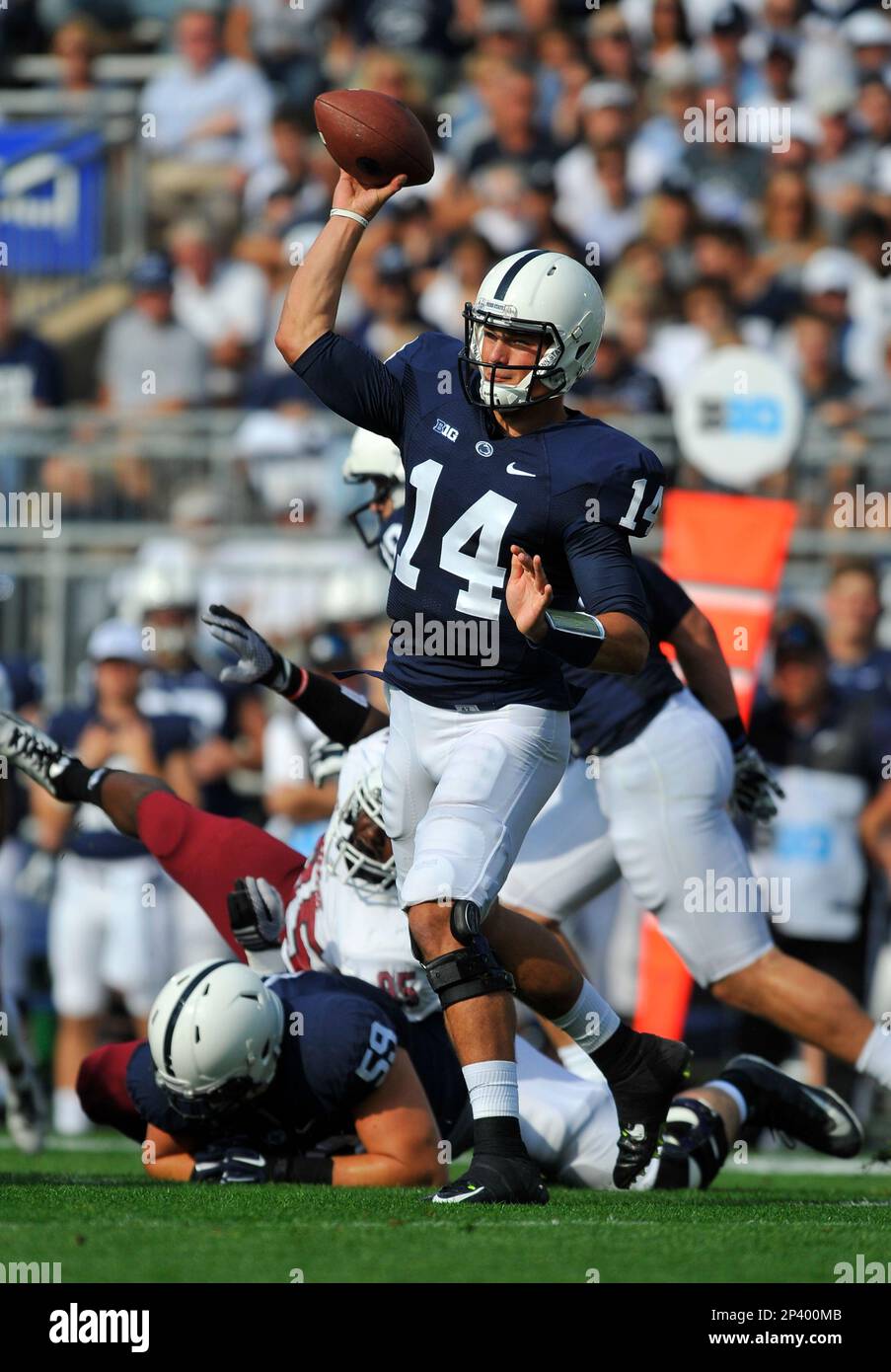 20 September 2014: The back of the jersey of Penn State QB Christian  Hackenberg (14). The Penn State Nittany Lions defeated the University of  Massachusetts Minutemen 48-7 at Beaver Stadium in State