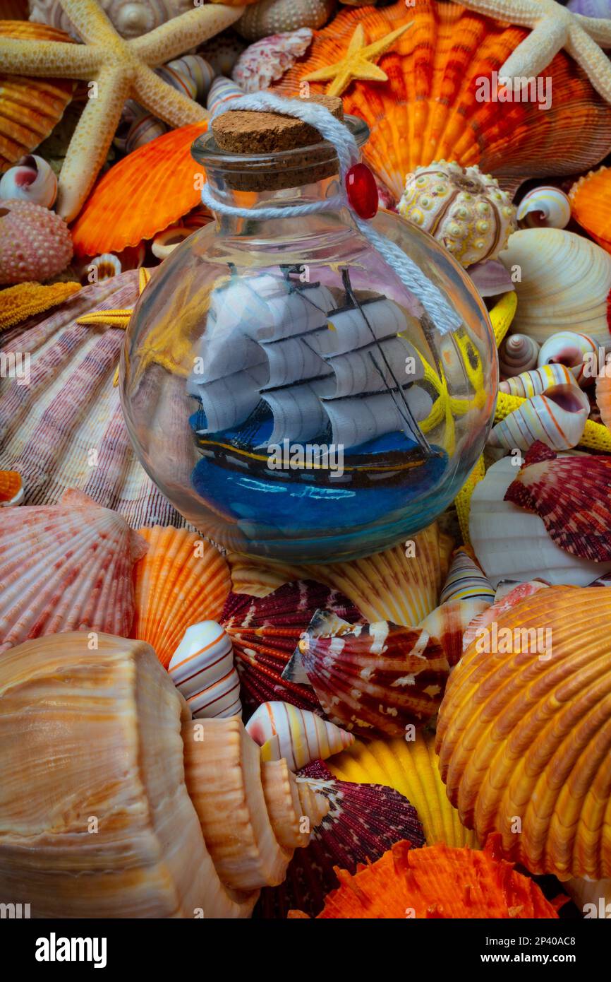 Ship In A Bottle With Sea Treasures Stock Photo
