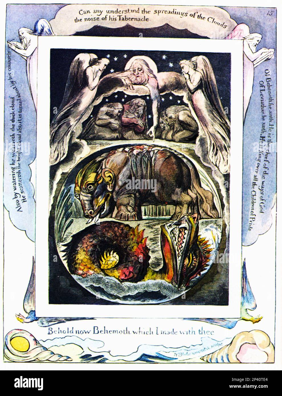 1825 : The british poet , painter and engraver WILLIAM BLAKE ( London 1757 - 1827 ) , from the Book of Hiob , the Behemoth and Leviathan  - POETA maledetto - maudit - POESIA - POETRY - letteratura - letterato - literature - SIMBOLISMO - SYMBOLISM - incisione - Dio - God - Giobbe - BIBBIA - BIBLE  ----  Archivio GBB Stock Photo