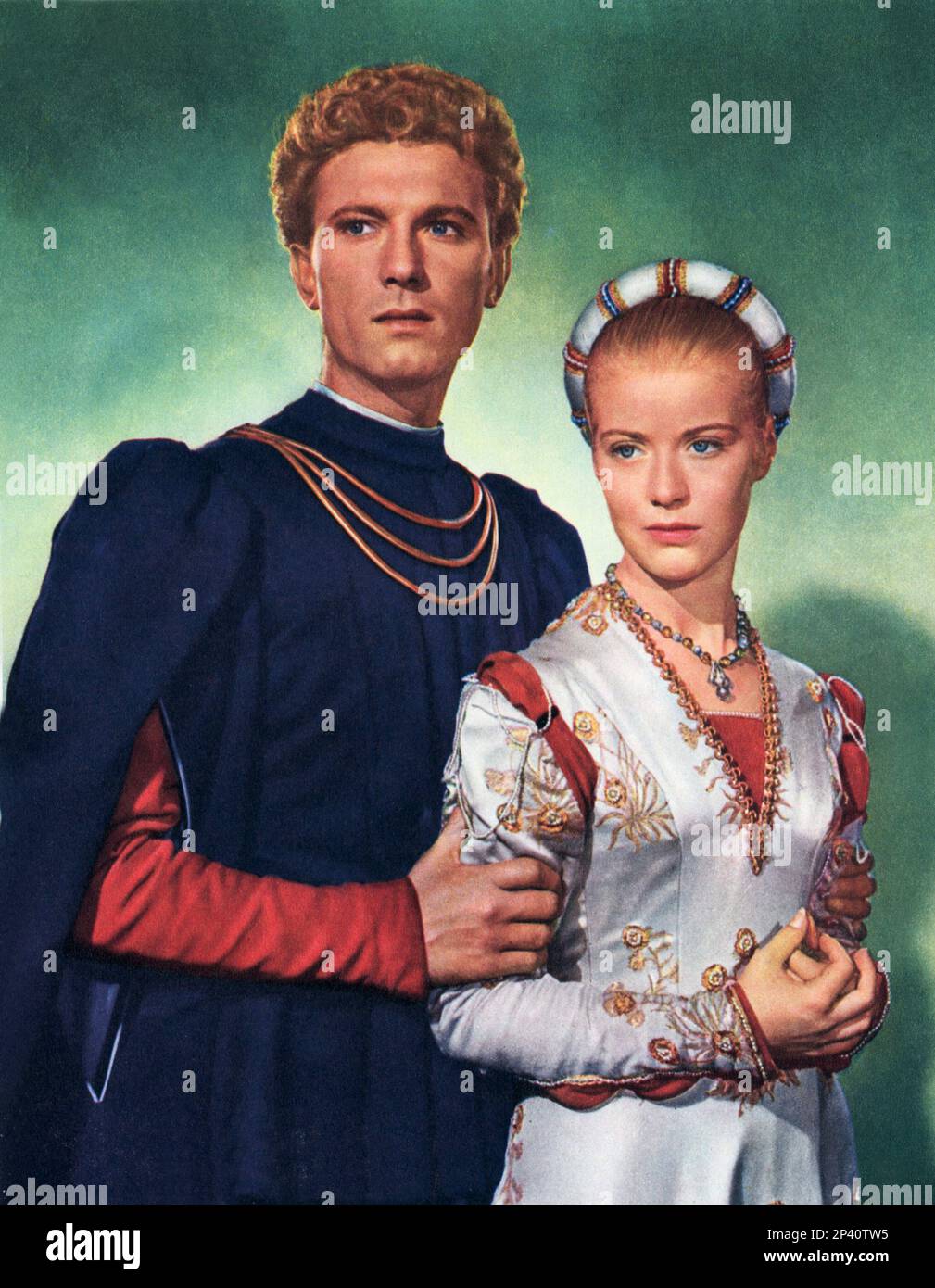 1954 : The movie actor  LAURENCE HARVEY and SUSAN SHENTALL in ROMEO AND JULIET ( Romeo e Giulietta ) by Renato Castellani , by the tragedy from William Shakespeare - FILM - CINEMA - portrait - ritratto -  coppia - couple - innamorati - lovers - amanti ----  Archivio GBB Stock Photo