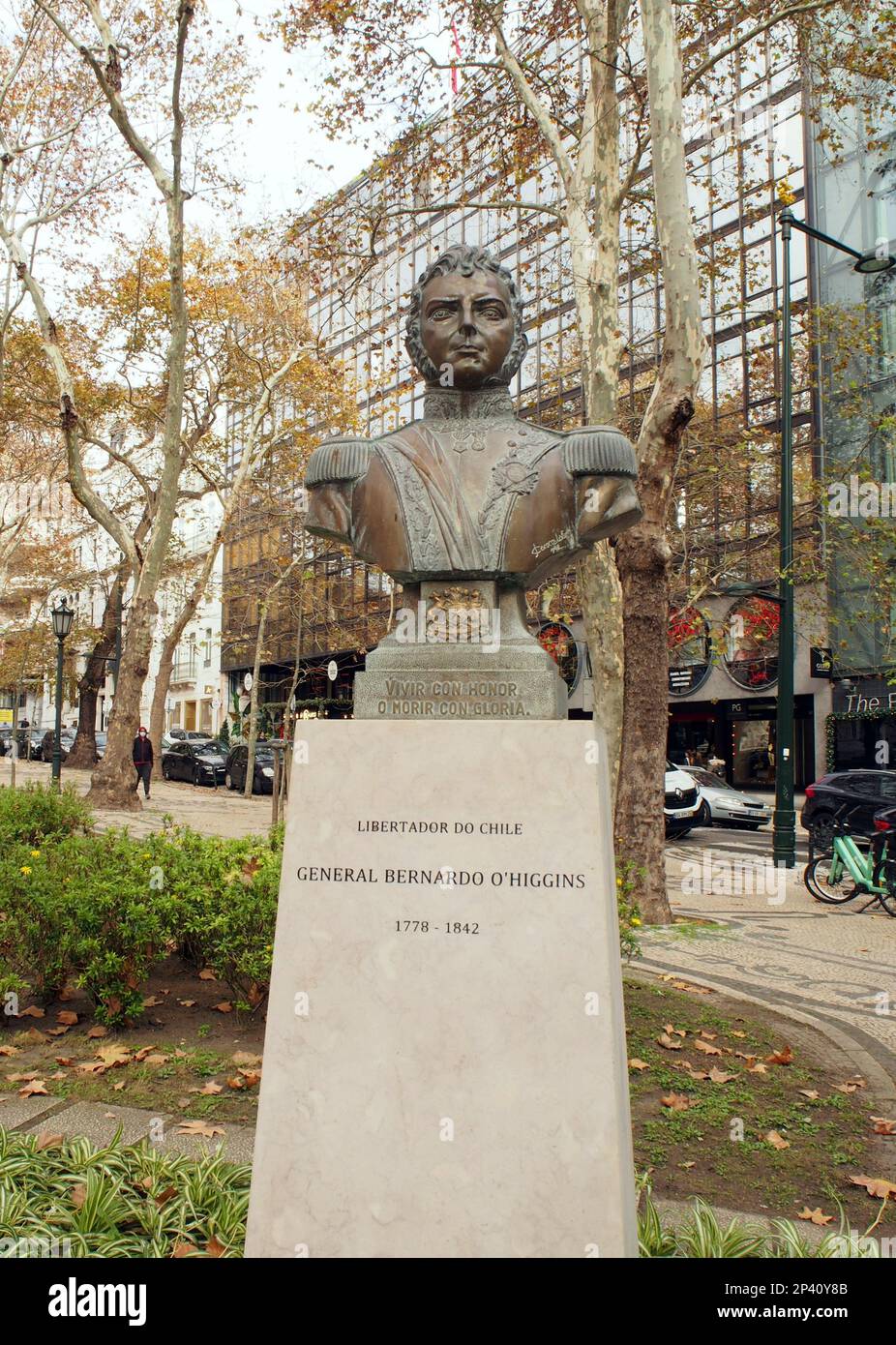 General Bernardo O'Higgins, bronze bust of the champion of independence of Chile, at Avenida da Liberdade, Lisbon, Portugal Stock Photo