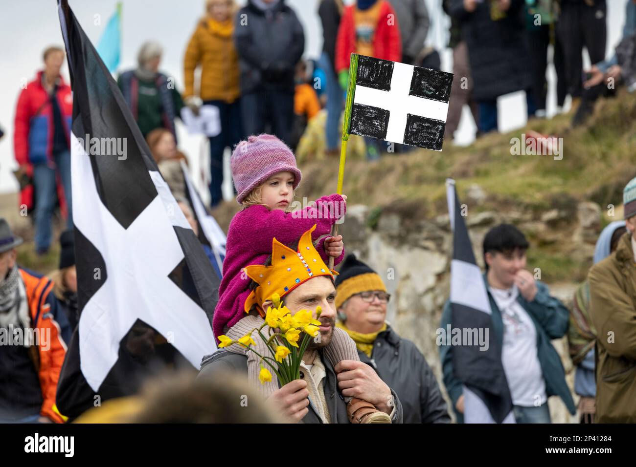 The St Pirans Day Procession to the Oratory at Perranporth 2023, said to be one of the first sites of Christianity when Piran arrived in Cornwall. Stock Photo