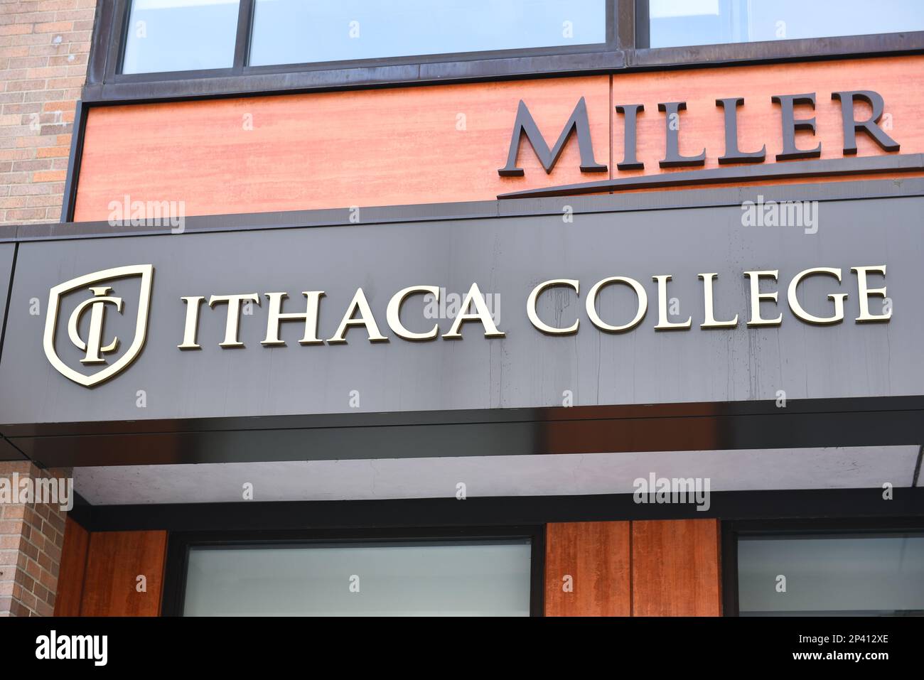 ITHACA, NEW YORK - 26 FEB 2023: Ithaca College sign on the Commons in Downtown Ithaca. Stock Photo