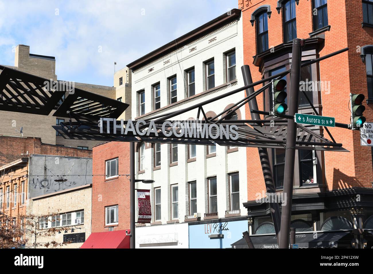 ITHACA, NEW YORK - 26 FEB 2023: The Ithaca Commons is a four block, pedestrian only section of Downtown with unique stores and restaurants. Stock Photo