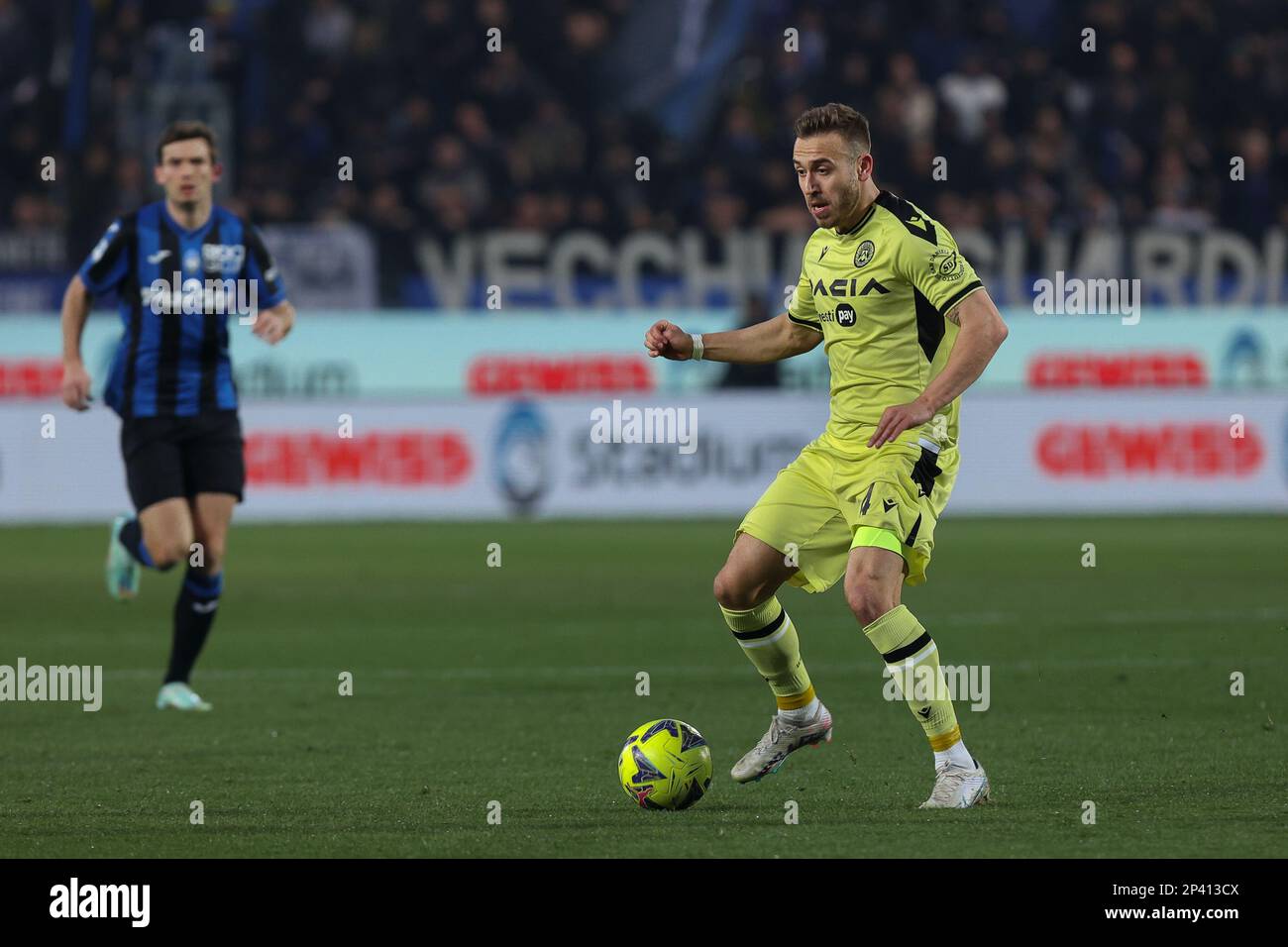 Bergamo, Italy. 19th Feb, 2023. Italy, Bergamo, feb 23 2023: Lorenzo  Colombo (Lecce striker) pressing in front court in the second half during  soccer game ATALANTA vs LECCE, Serie A Tim 2022-2023