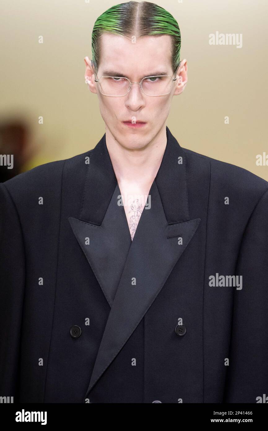 A model walks on the runway at the Balenciaga fashion show during the