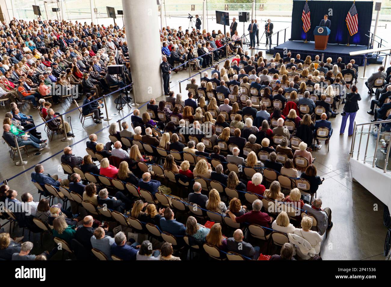 Florida Republican Gov. Ron DeSantis addresses supporters at Ronald Reagan Presidential Library in Simi Valley, Calif., Sunday, March 5, 2023. DeSantis has quietly begun to expand his political coalition on his terms just as he releases a book, "The Courage to be Free," which comes out Tuesday. (AP Photo/Damian Dovarganes) Stock Photo