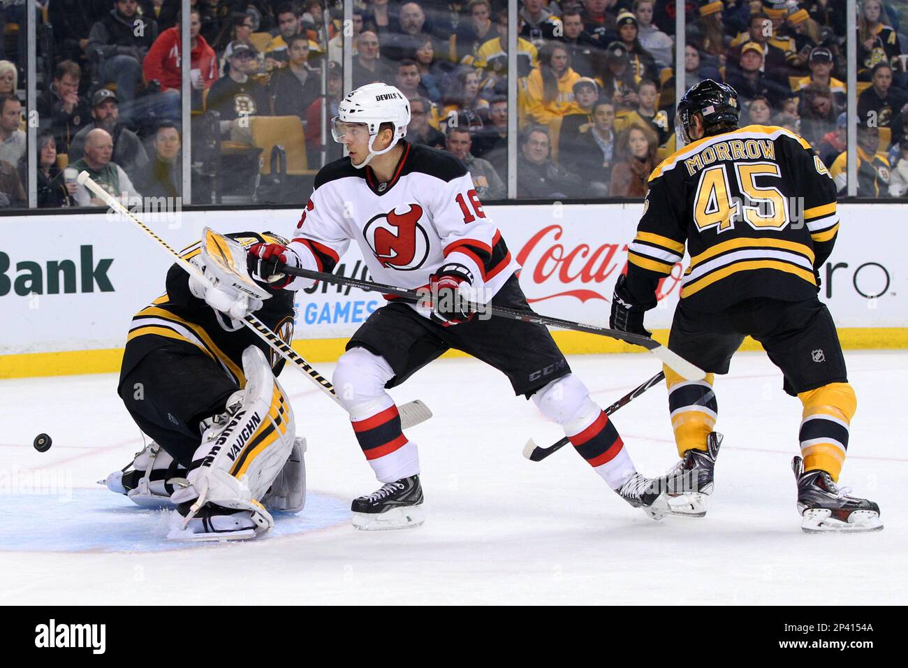 November 10 2014 Boston Bruins goalie Tuukka Rask 40 makes a save against New Jersey Devils center Jacob Josefson 16 during the second period of the NHL game between the New Jersey