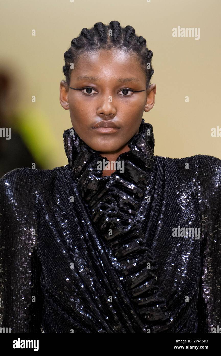 A model walks on the runway at the Balenciaga fashion show during the