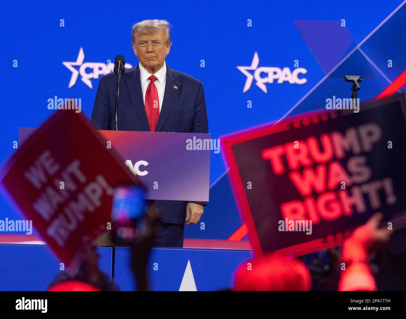 Oxon Hill, United States. 05th Mar, 2023. Former United States President Donald J. Trump makes remarks at the 2023 Conservative Political Action Conference (CPAC) in National Harbor, MD, USA, on Saturday, March 4, 2023. Photo by Ron Sachs /CNP/ABACAPRESS.COM Credit: Abaca Press/Alamy Live News Stock Photo