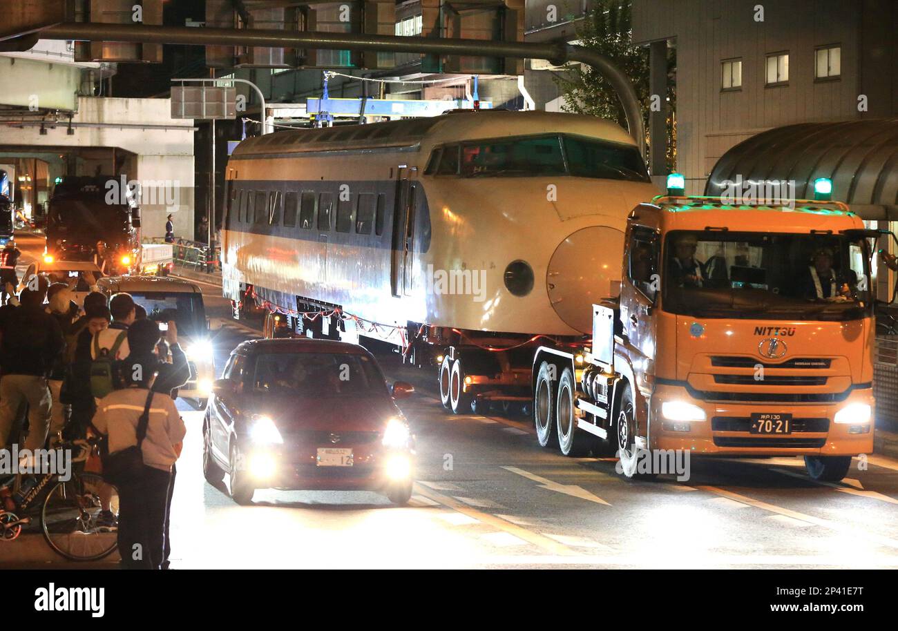 The first bullet train shinkansen car, is transported from