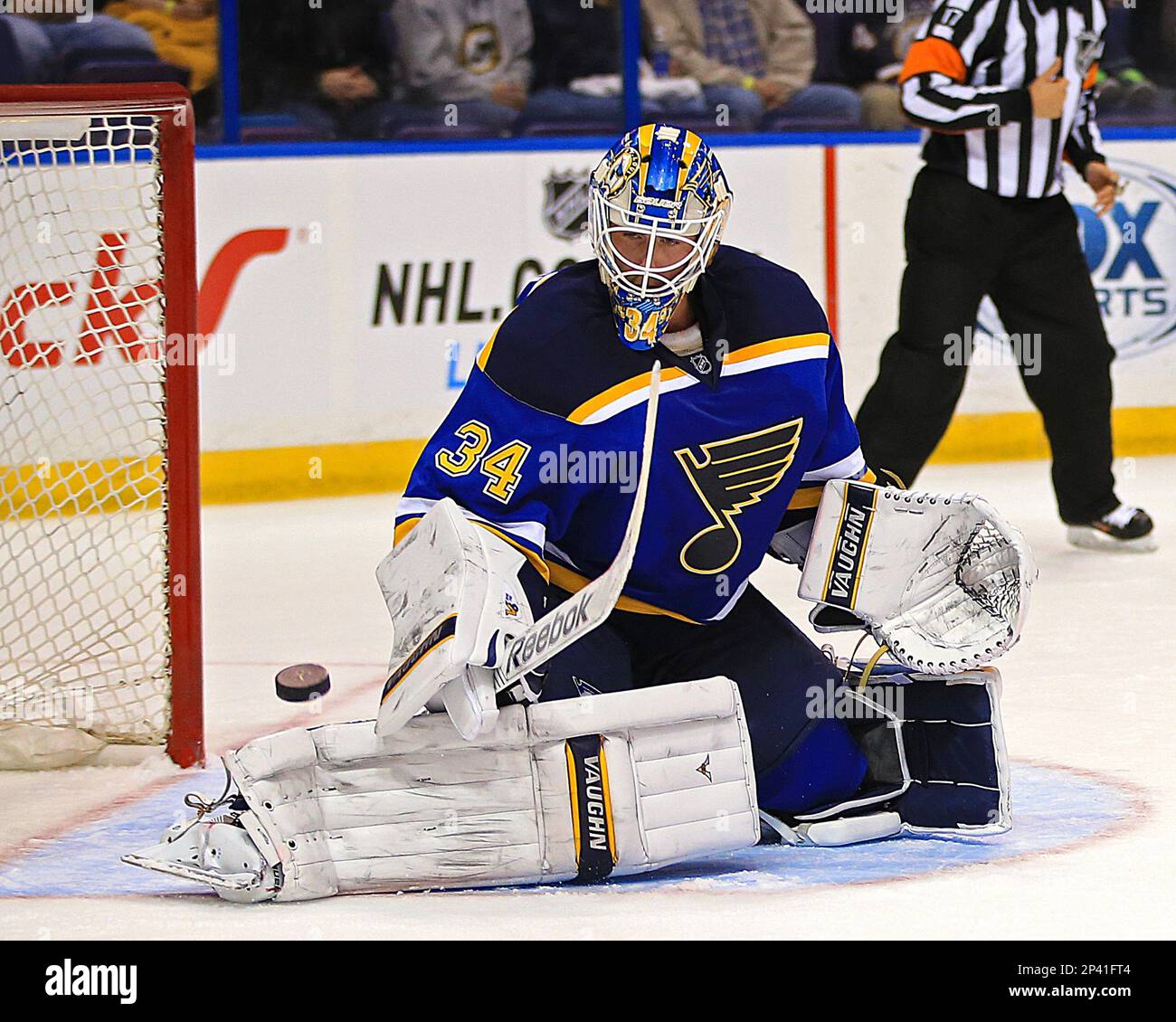 October 02, 2014 St. Louis, MO: St. Louis Blues goalie Jake Allen (34) in  action during the second period of the game between the St. Louis Blues and  the Minnesota Wild at