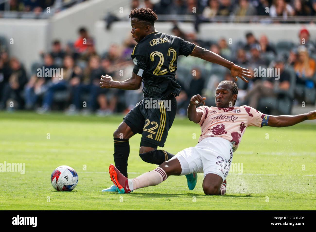 Los Angeles, United States. 04th Mar, 2023. Los Angeles FC forward Kwadwo Opoku (L) and Portland Timbers midfielder Diego Chara (R) seen in action during an MLS soccer match in Los Angeles. Credit: SOPA Images Limited/Alamy Live News Stock Photo
