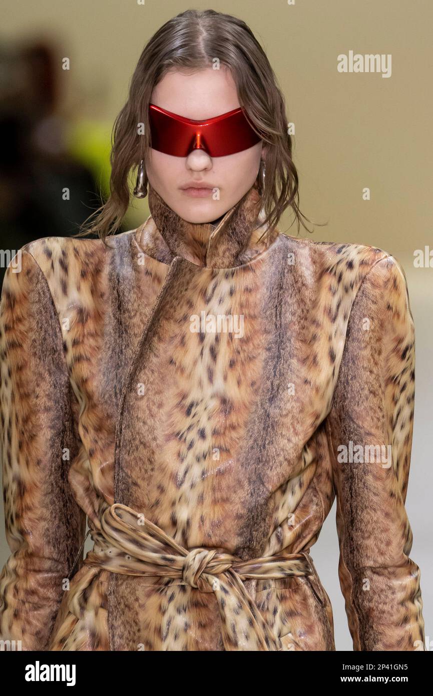 A model walks on the runway at the Balenciaga fashion show during the