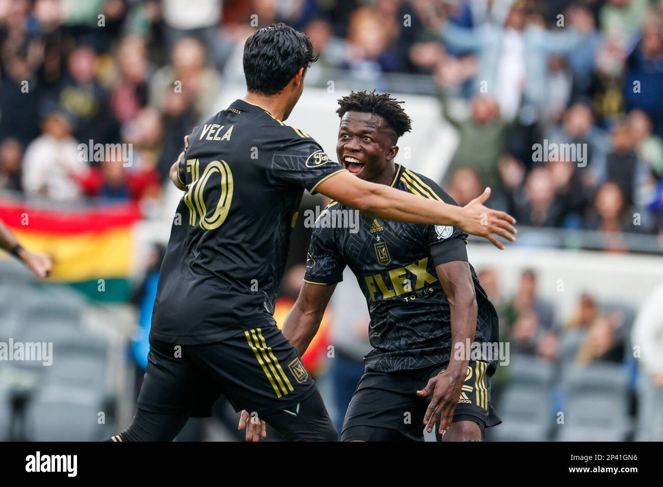 Los Angeles, United States. 04th Mar, 2023. Los Angeles FC forwards Kwadwo Opoku (R) celebrates a goal with Carlos Vela (L) during an MLS soccer match against the Portland Timbers in Los Angeles. Credit: SOPA Images Limited/Alamy Live News Stock Photo