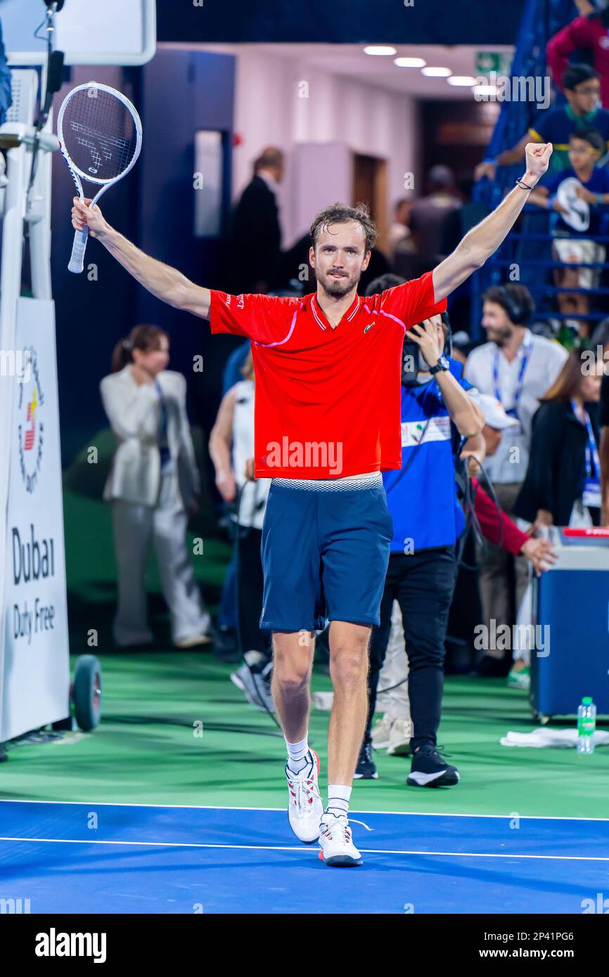 DUBAI, UAE, 4th March 2023. Action from the men's singles final of the Dubai  Duty Free Tennis Open Championships. 3rd seed Daniil Medvedev defeated  defending champion Andrey Rublev 6-2, 6-2 Credit: Feroz