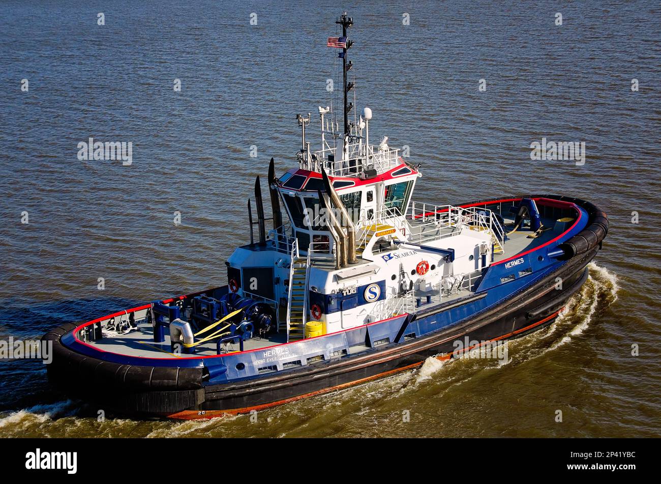 Hermes, a Rotortug tugboat owned by Seabulk Towing, travels along the Mobile River near the Port of Mobile, March 4, 2023, in Mobile, Alabama. Stock Photo