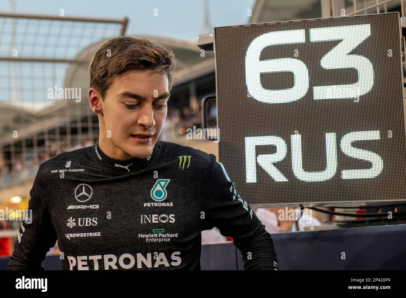 Sakhir, Bahrain, March 05, George Russell, from the United Kingdom competes for Mercedes F1. Race day, round 1 of the 2023 Formula 1 championship. Credit: Michael Potts/Alamy Live News Stock Photo