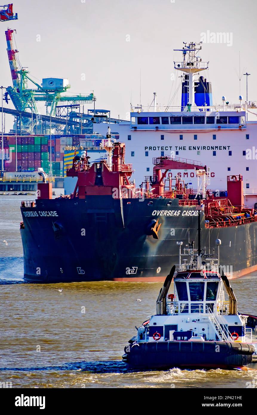 Hermes, a Rotortug tugboat owned by Seabulk Towing, approaches oil tanker Overseas Cascade near the Port of Mobile, March 4, 2023, in Mobile, Alabama. Stock Photo