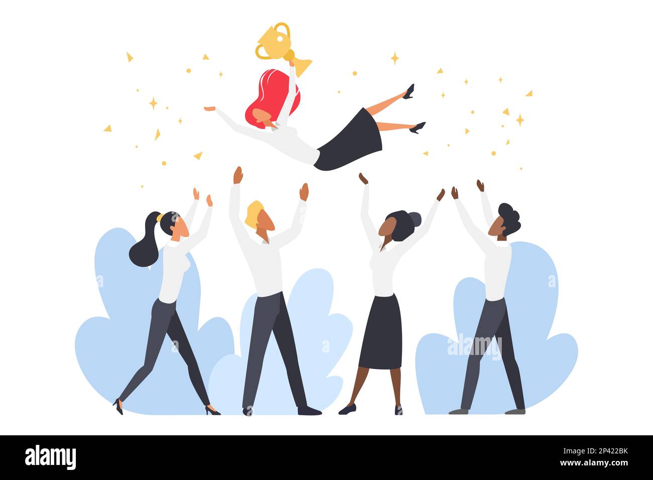 Employees toss winner with prize in air vector illustration. Cartoon