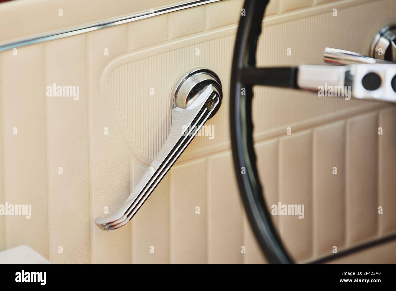Beige leather vintage car door with metal handle Stock Photo Alamy