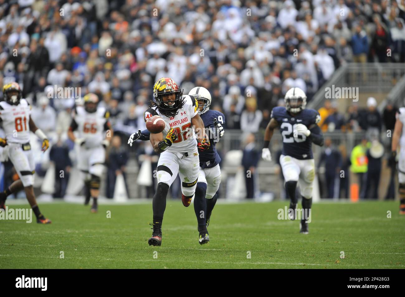 01 November 2014: Maryland WR/KR Stefon Diggs (1) catches a low pass. The  Maryland Terrapins defeated the Penn State Nittany Lions 20-19 at Beaver  Stadium in State College, PA. (Icon Sportswire via