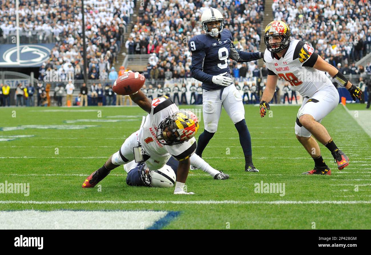 01 November 2014: Maryland WR/KR Stefon Diggs (1) catches a low pass. The  Maryland Terrapins defeated the Penn State Nittany Lions 20-19 at Beaver  Stadium in State College, PA. (Icon Sportswire via