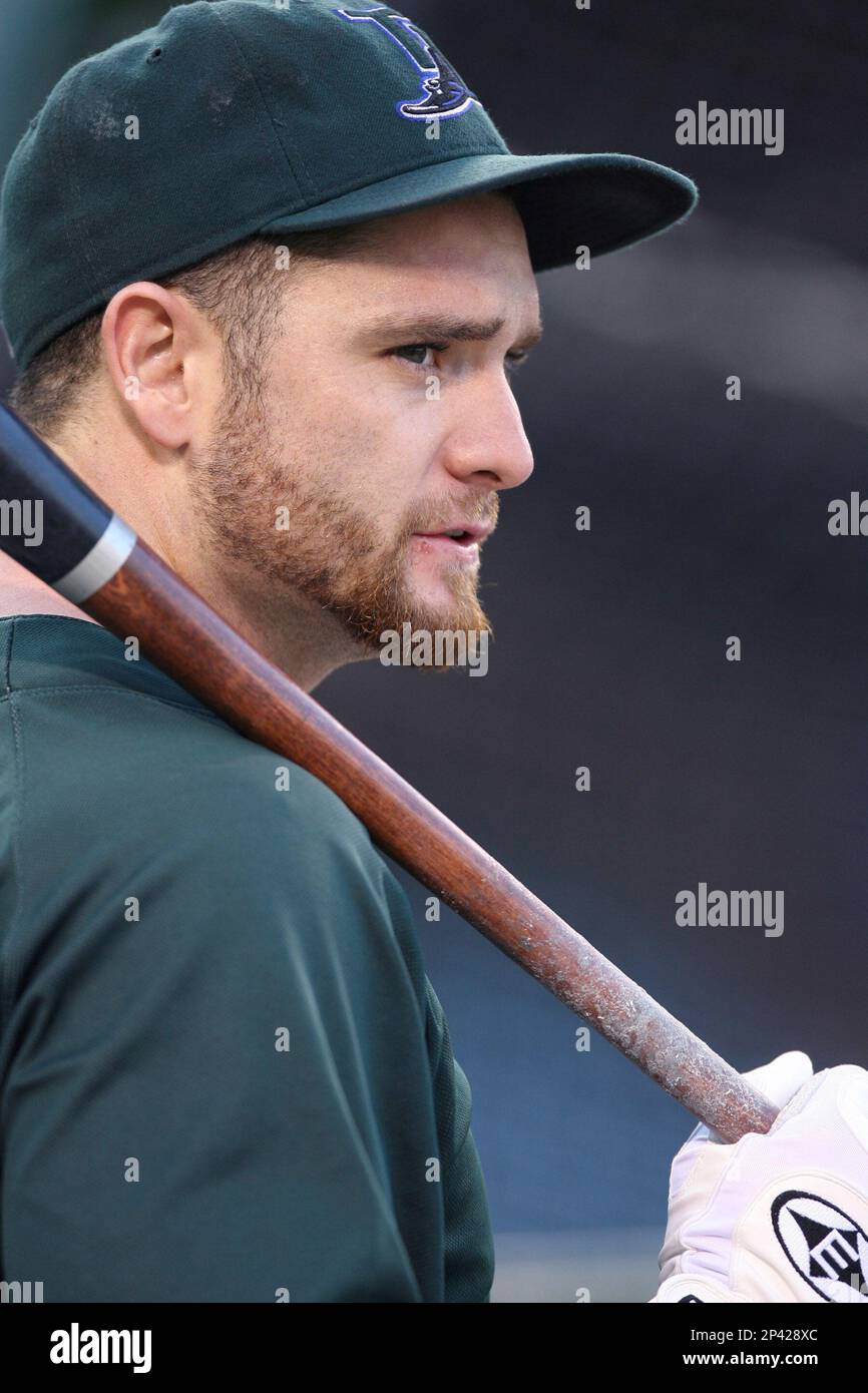 Jonny Gomes of the Tampa Bay Rays during batting practice before a game  from the 2007 season at Angel Stadium in Anaheim, California. (Larry  Goren/Four Seam Images via AP Images Stock Photo -