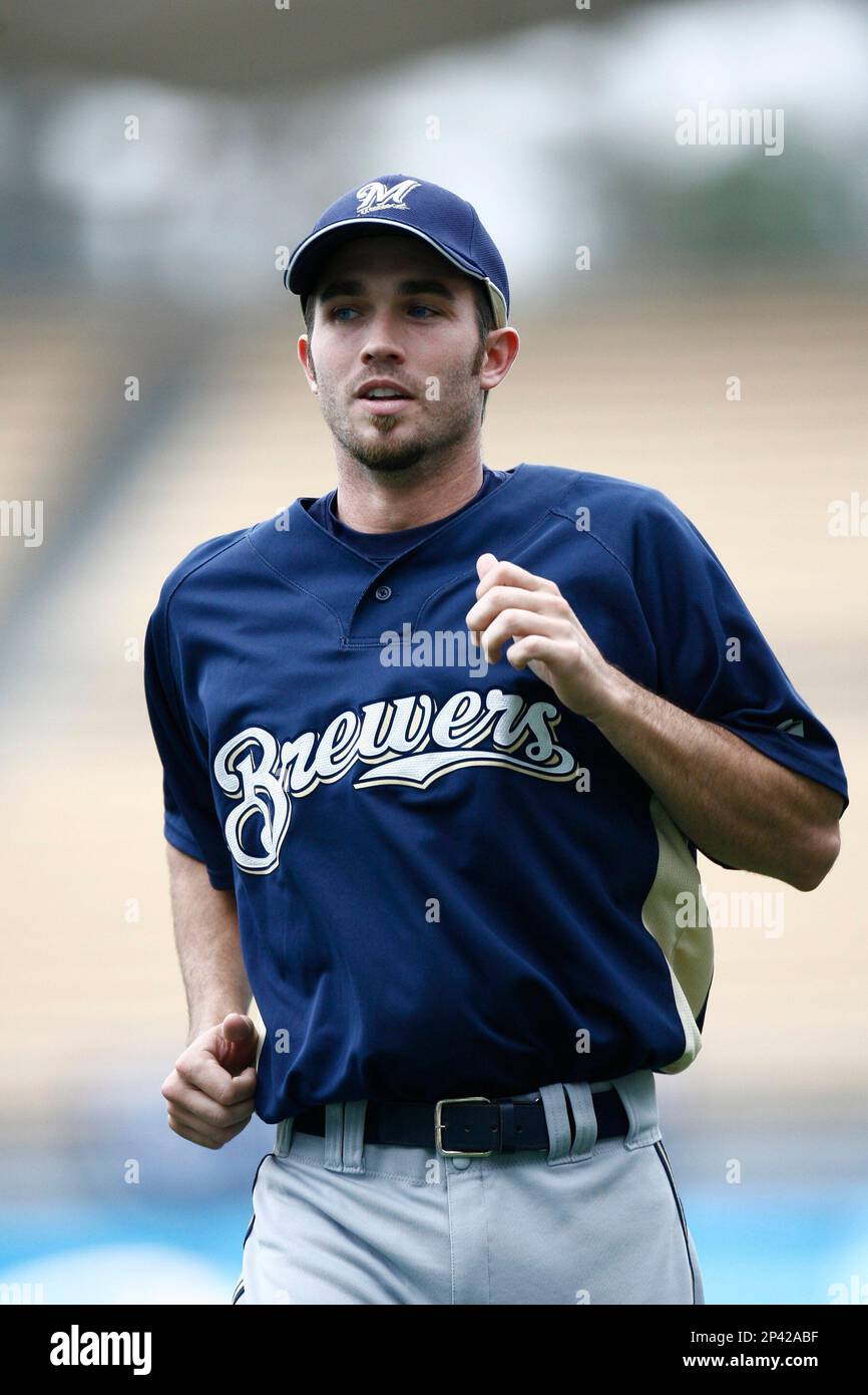 J.J. Hardy of the Milwaukee Brewers during batting practice before a game  from the 2007 season at Dodger Stadium in Los Angeles, California. (Larry  Goren/Four Seam Images via AP Images Stock Photo 