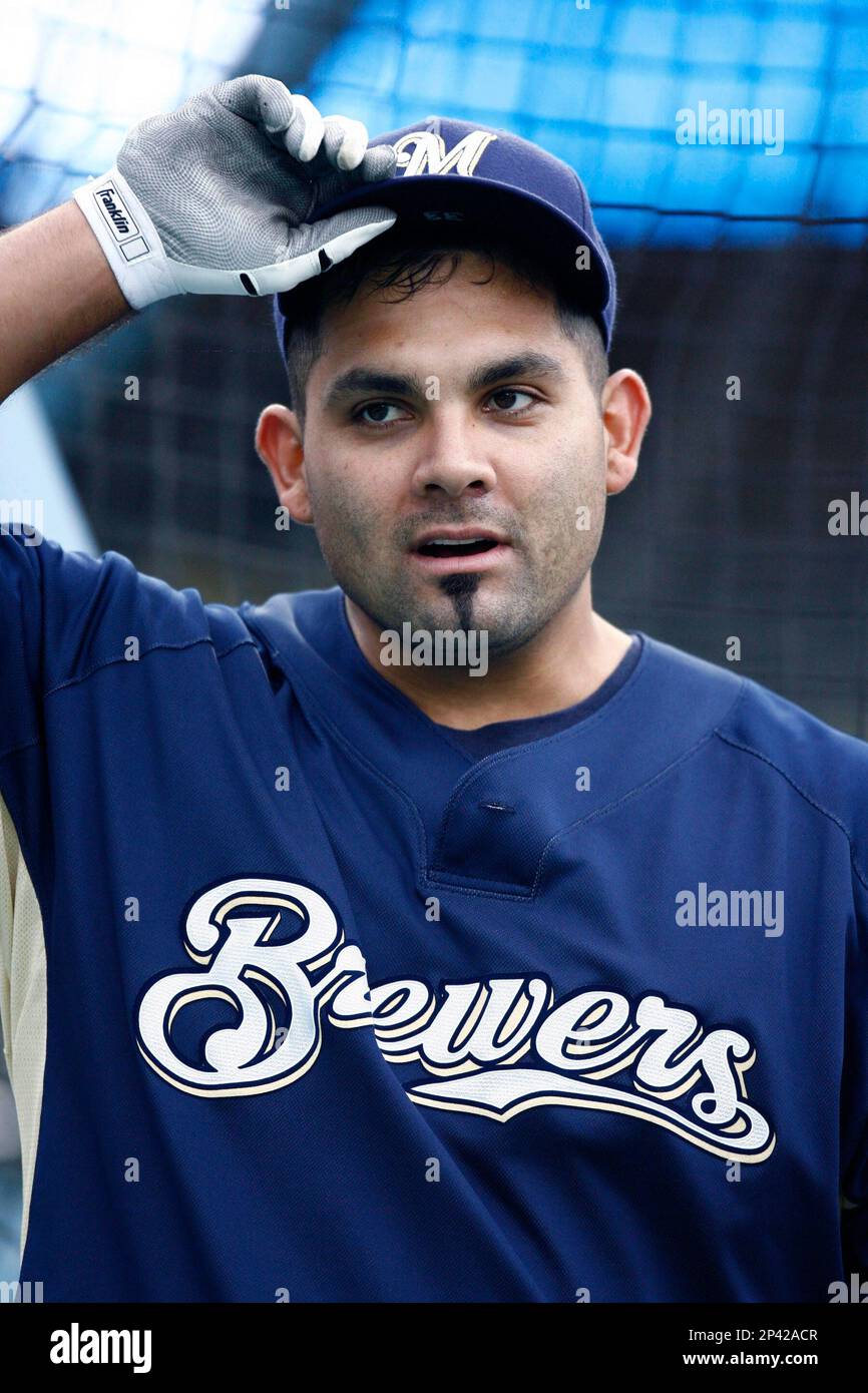 Johnny Estrada of the Milwaukee Brewers during batting practice before a  game from the 2007 season at Dodger Stadium in Los Angeles, California.  (Larry Goren/Four Seam Images via AP Images Stock Photo 