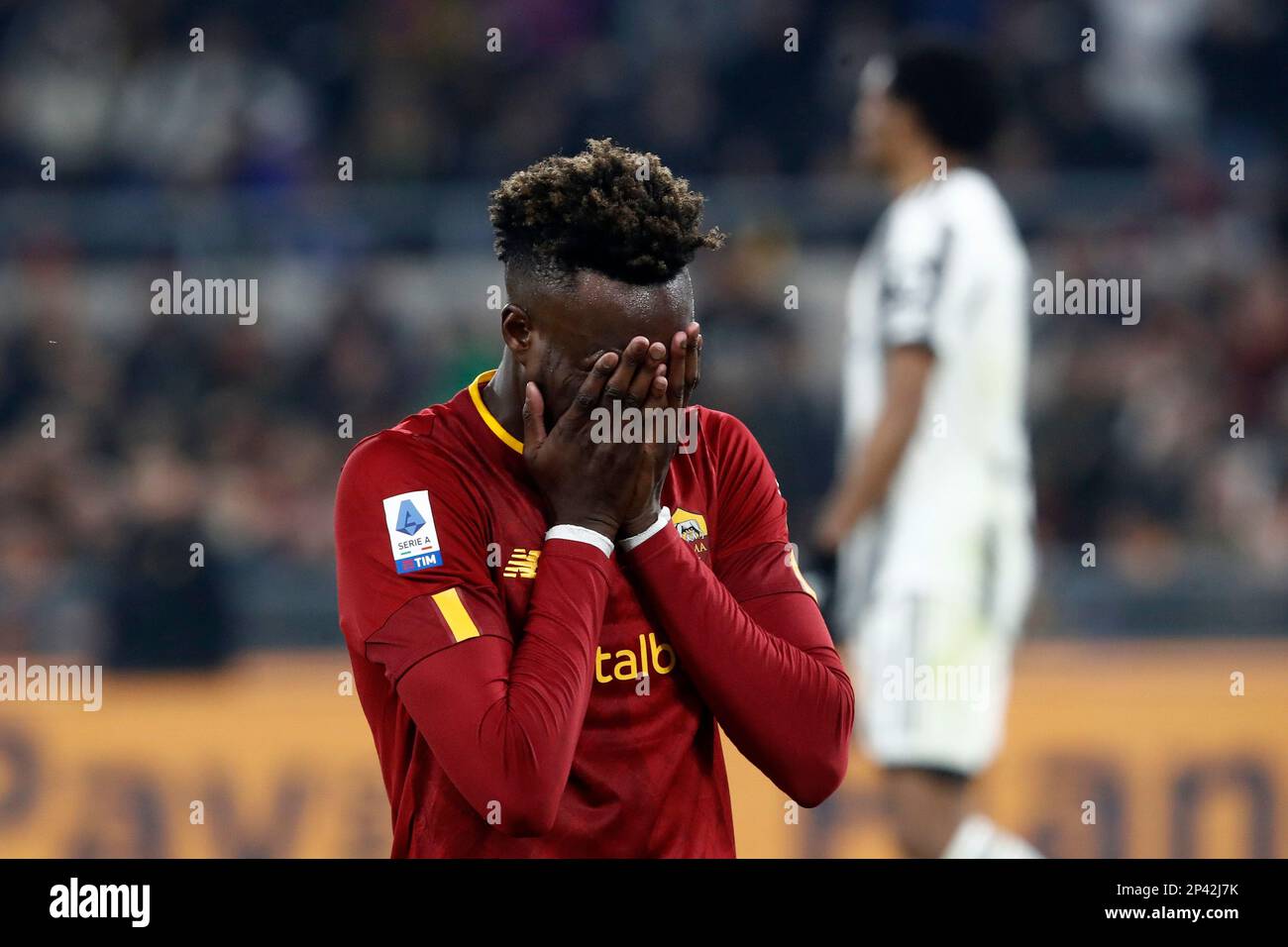 Rome, Italy. 05th Mar, 2023. Tammy Abraham, of AS Roma, reacts during the Serie A football match between Roma and Juventus at Rome's Olympic stadium, Rome, Italy, March 05, 2023. Credit: Riccardo De Luca - Update Images/Alamy Live News Stock Photo
