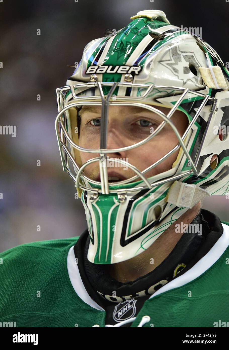 Dallas Stars goalie Kari Lehtonen (32) heads to the bench during an NHL game between the St Louis Blues and the Dallas Stars, Tuesday Oct. 28, 2014 @ American Airlines Center in Dallas, Texas.. (Cal Sport Media via AP Images) Stock Photo